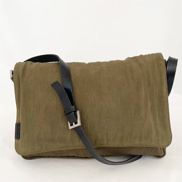 FENDI Vintage Messenger Bag Khaki Canvas Black Leather Adjustable Strap Unisex - Picture 12 of 13